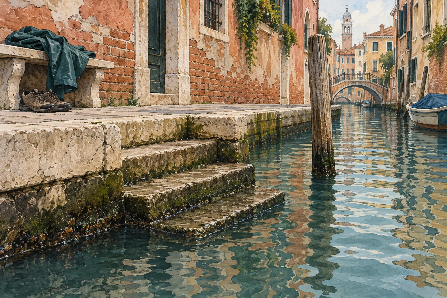 Editorial illustration of Venetian canal water beside landing steps and a dry pavement, with walking shoes and a raincoat nearby.