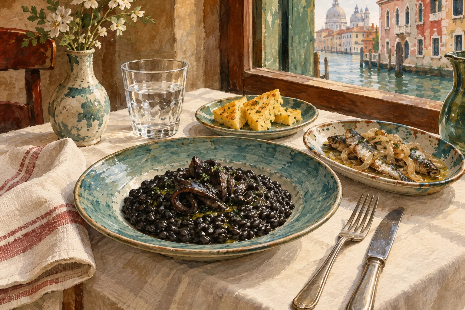 Illustration of a Venetian lunch with dark risotto, sardines with onions and polenta beside a canal window