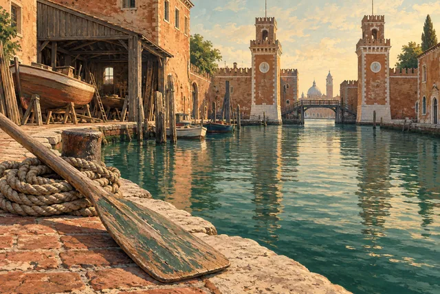 Painterly maritime scene with an oar, coiled rope and brick water gate inspired by Castello
