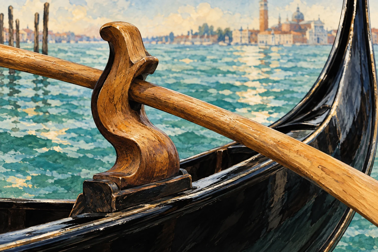 Editorial illustration of a carved wooden gondola oarlock and oar beside a glossy black hull on blue-green Venetian water