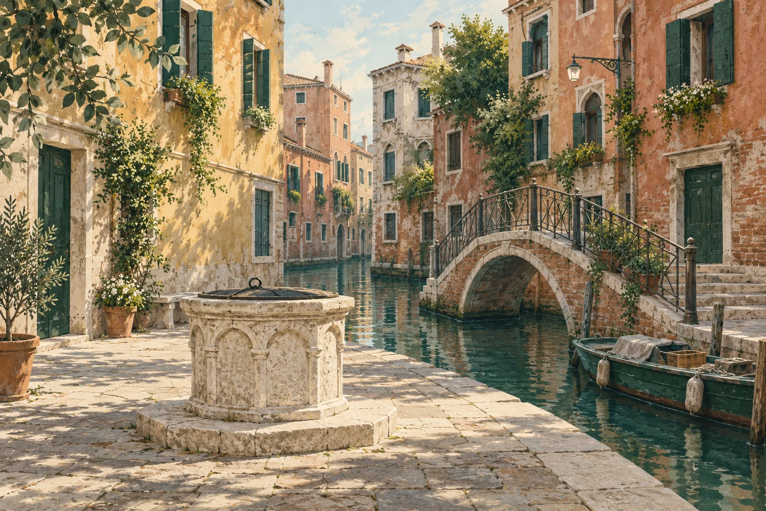 Imagined Venetian campo with a stone wellhead, canal bridge, ochre facades and small workboat