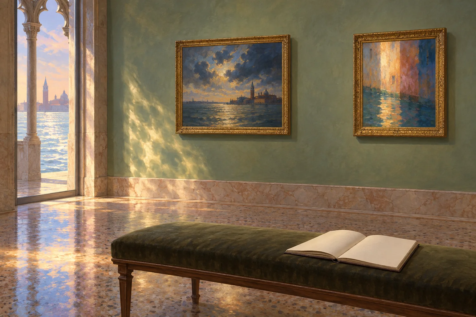 Editorial illustration of an imagined Venetian gallery with two landscape paintings, warm reflected light and an open sketchbook on a bench.