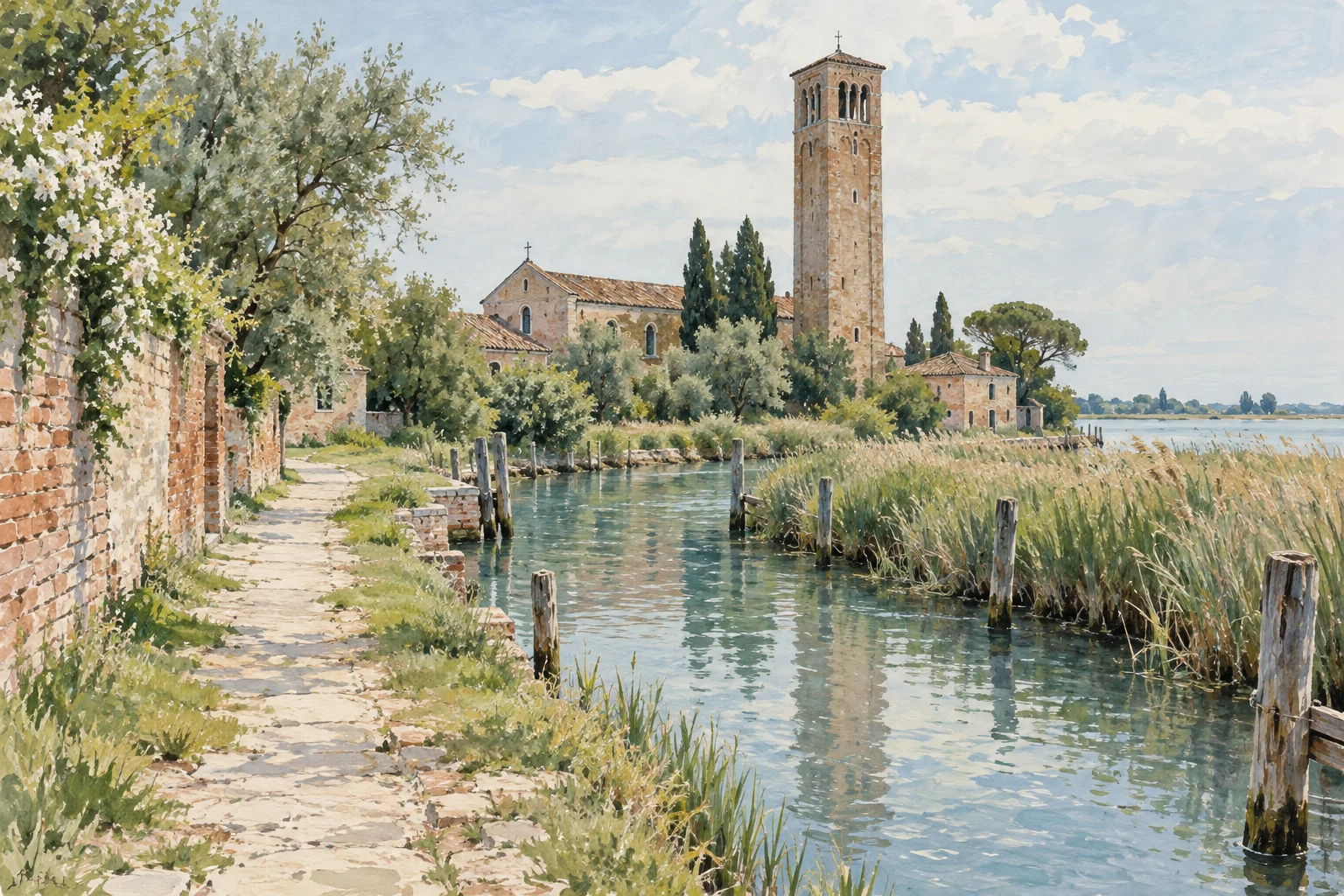 Painterly interpretation of a Torcello-inspired canal path, reeds, church roofs and a brick bell tower in the Venetian lagoon