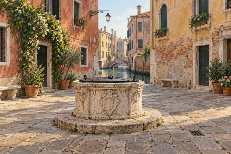 Painterly interpretation of a closed stone wellhead in a Venetian campo, surrounded by paving, warm plaster facades and a glimpse of canal.