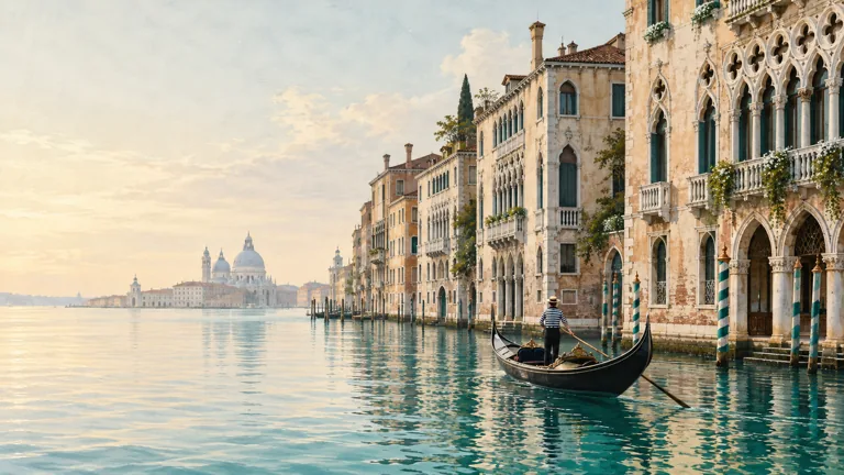 An editorial interpretation of Venetian palazzi and a gondola reflected in the Grand Canal