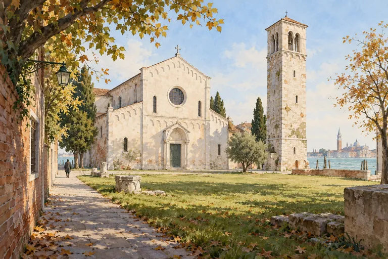 Watercolour of an imagined grassy Venetian campo with a pale church, separate stone tower and autumn trees; an architectural interpretation rather than a reconstruction of San Pietro.