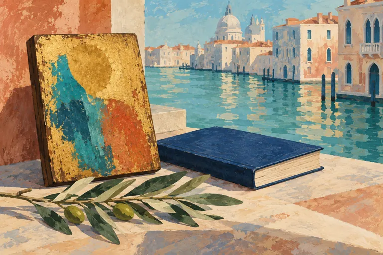 Conceptual gouache illustration of an abstract gold-ground panel, blue book and olive branch beside an imagined Venetian canal; not a museum exhibit or reconstruction.