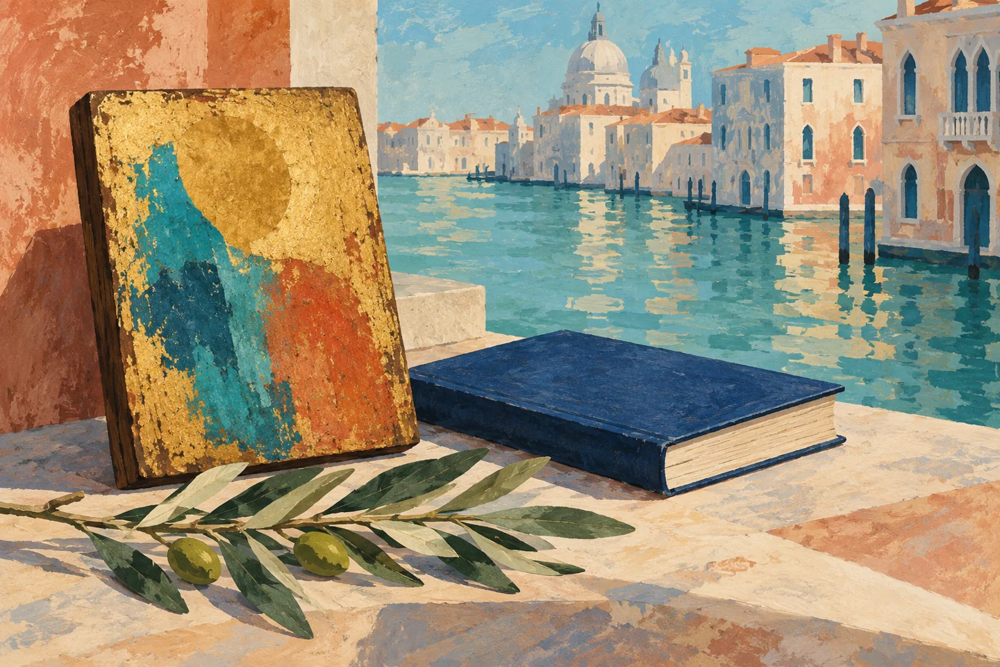 Conceptual gouache illustration of an abstract gold-ground panel, blue book and olive branch beside an imagined Venetian canal; not a museum exhibit or reconstruction.