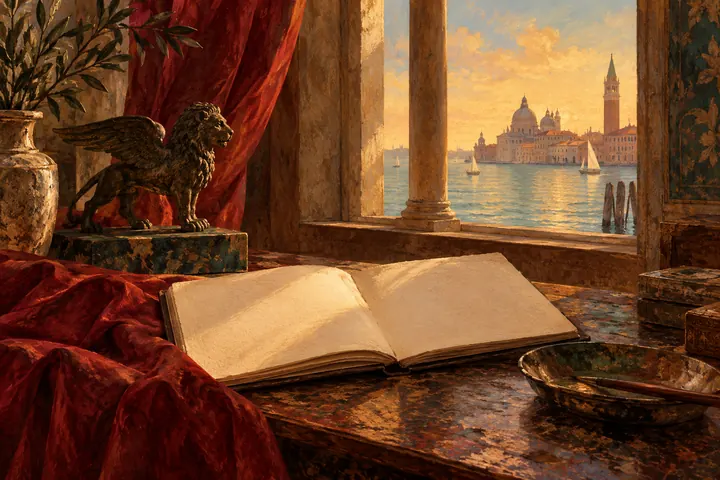 Tempera-style illustration of a blank sketchbook, winged lion ornament and red drapery beside an imagined Venetian window; not the Scuola interior or a Carpaccio painting.
