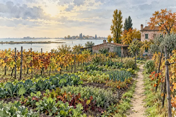 Ink-and-watercolour illustration of autumn vegetable plots, vines and a footpath beside a Venetian lagoon; an imagined agricultural landscape, not a mapped route.