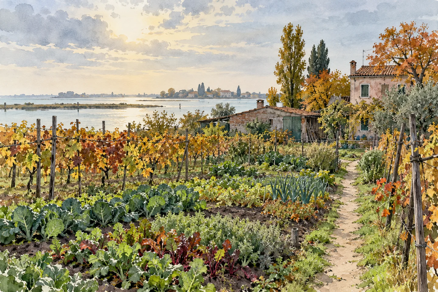 Ink-and-watercolour illustration of autumn vegetable plots, vines and a footpath beside a Venetian lagoon; an imagined agricultural landscape, not a mapped route.