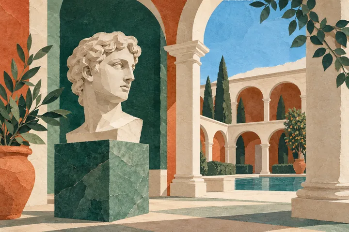 Layered paper-style illustration of a classical sculptural head and an imagined Renaissance courtyard in jade and terracotta tones; not a reconstruction of Palazzo Grimani.