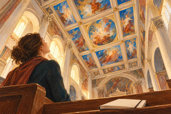 Gouache-style illustration of a visitor looking up at an imagined painted church ceiling, with a blank sketchbook on a pew; not the actual San Sebastiano interior.