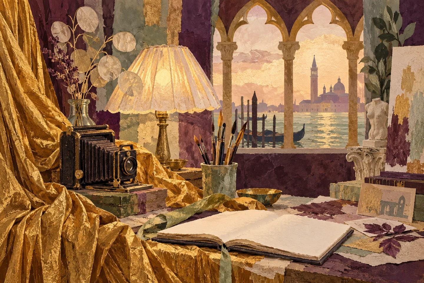 Gouache-style illustration of cloth, a lamp, a bellows camera and brushes beside an imagined Venetian window; an editorial still life, not the actual Fortuny studio.