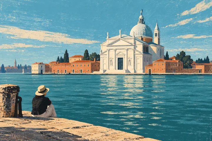 Linocut-style illustration of a traveller looking across blue water towards an imagined white domed church inspired by the Redentore; not an exact architectural record.