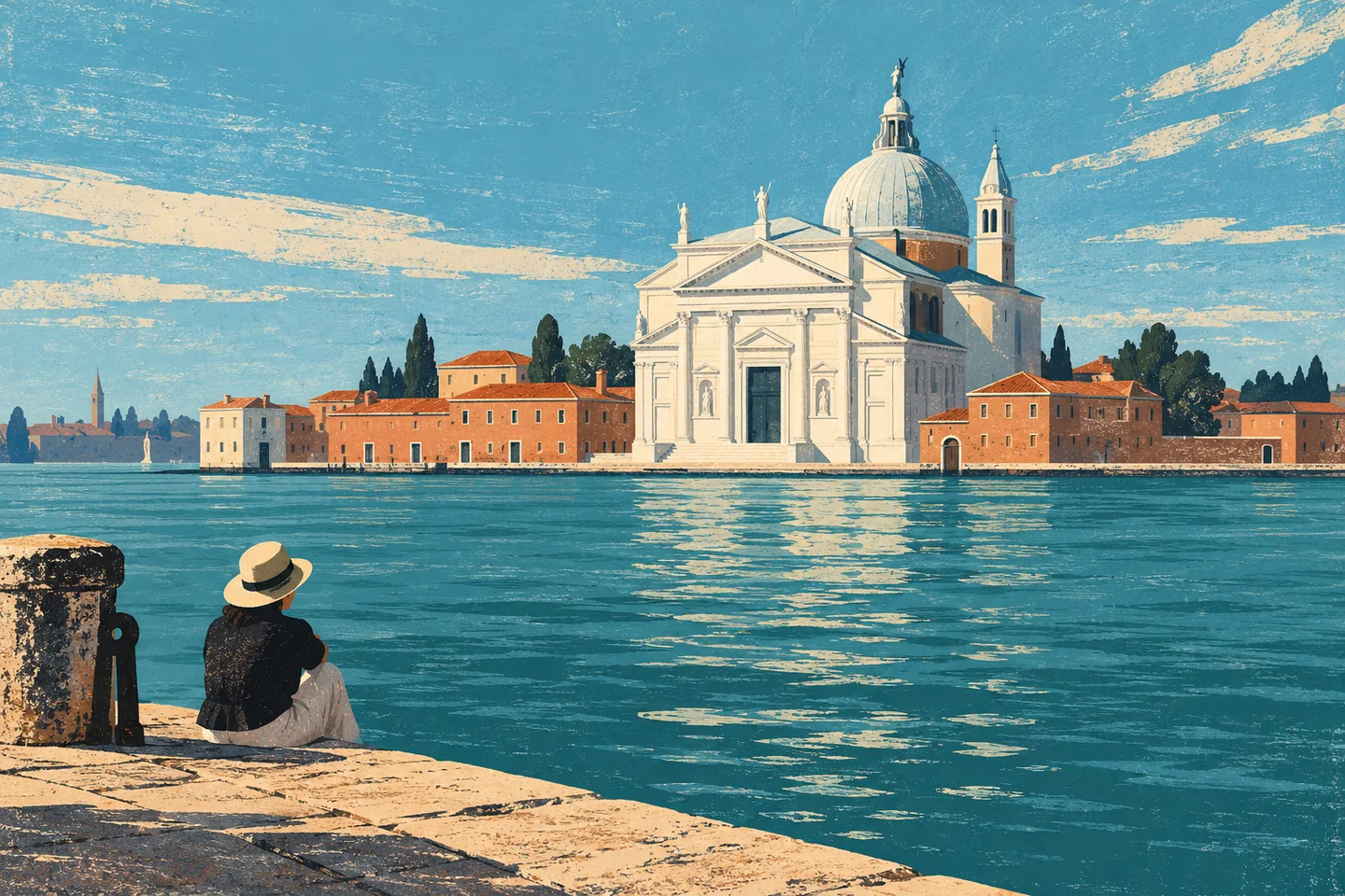 Linocut-style illustration of a traveller looking across blue water towards an imagined white domed church inspired by the Redentore; not an exact architectural record.